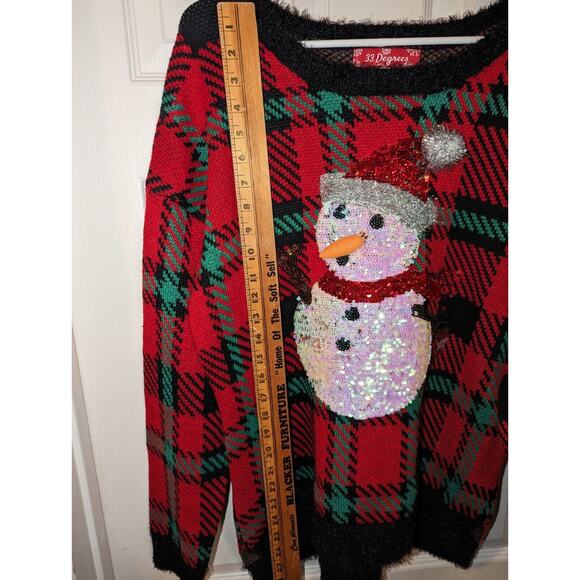 Womens Ugly Christmas Sweater 33 degrees Plaid Sequin Snowman Holiday Size Large - Picture 7 of 11